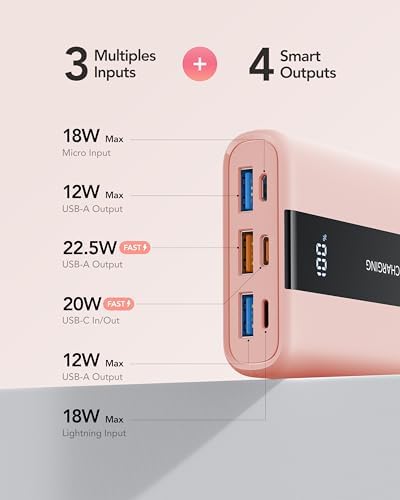 Ultra-Reliable VRURC 20,000 m Ah Portable Power Bank – Fast Charging Battery Pack with 4 USB Outputs and 3 Input Options for Ultimate Device Compatibility – Compact Travel Essential for i Phone, Samsung, and Android Users – Durably Designed for On-the-Go Charging Needs
