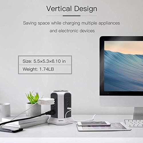 Maximize Charging Efficiency with SUPERDANNY 10 ft Power Strip Tower – 9-Outlet Surge Protector & 4 USB Ports, Featuring Wireless Charging for Seamless Device Management, Perfect for Home & Office Use in Elegant White and Gray Design