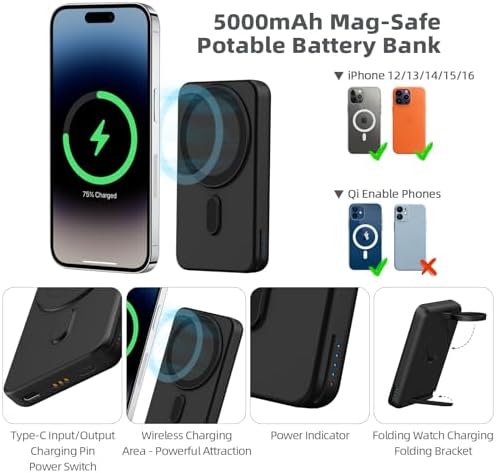 DDUAN 3-in-1 Wireless Charging Station for i Phone and Apple Watch – Foldable 5000 m Ah Magnetic Power Bank with Fast USB-C Charging for i Phone 16/15/14/13/12 Series – Sleek, Portable Design for Home and Travel