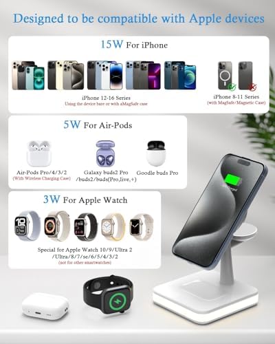 All-in-One Magnetic Wireless Charging Station for Apple Devices – 4-in-1 Fast Charger with Integrated Light for i Phone 16/15/14/13/12, Apple Watch Series 10/9/8/7/Ultra 2/SE 2, and Air Pods 4/3/Pro/2 – Sleek, Modern Design for Effortless Charging and Clutter-Free Organization