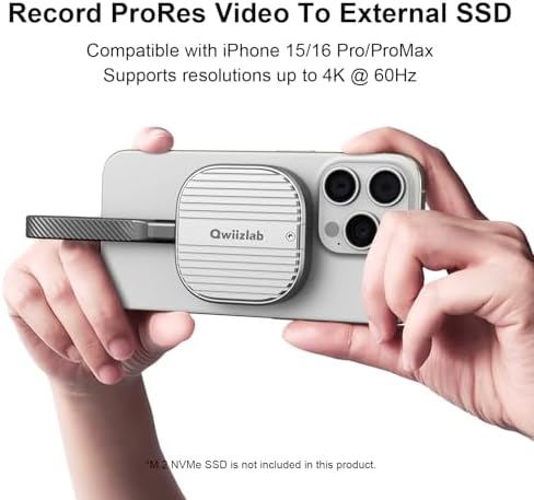 Qwiizlab Magnetic NVMe SSD Enclosure for i Phone 16/15 Pro Max – 10 Gbps USB Type-C Adapter with Kickstand, Supports PCIe M.2 M-Key up to 2 TB, Durable Aluminum Case with 100 W PD Charging Capability – Ultimate Storage Solution for Creatives and Professionals