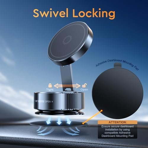 Vacuum Magnetic Phone Holder, 2025 Upgrated Vacuum Magnetic Phone Stand, Suction Cup Phone Mount, 360 Rotary, Folding Swivel Stand, Vacuum Suction Phone Holder for Car Mirror Gym Shower, Black – Enhanced Compatibility and Speed