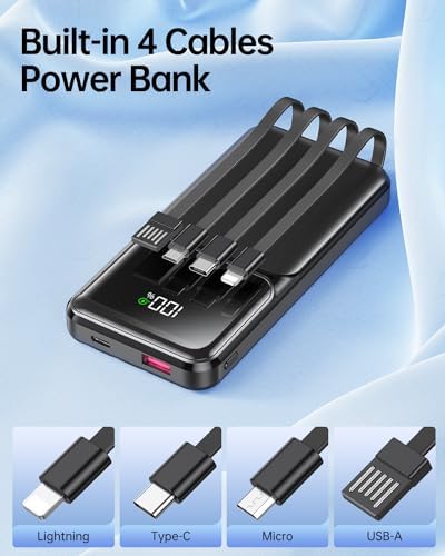 Ultra-Slim 10,000 m Ah Portable Power Bank with Built-in Cable – Fast Charging USB-C Travel Charger for i Phone, Samsung, Android & i Pad – Essential Battery Pack with Enhanced Compatibility and LED Indicator