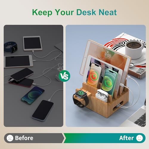Eco-Friendly Bamboo Charging Station: Multi-Device Organizer with 5 USB Ports, Smartwatch & Earbuds Stand – Ultimate Desk Dock for Cell Phones and Tablets, Enhanced Speed & Compatibility