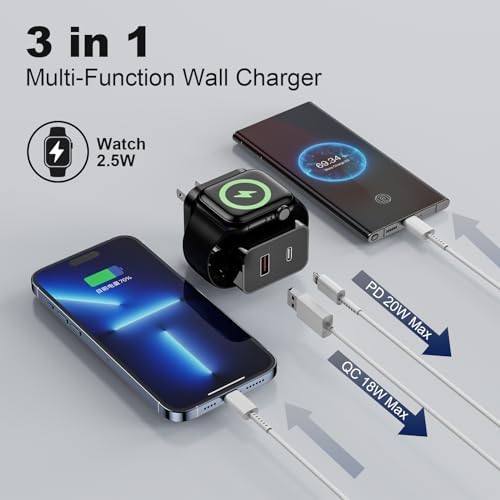 20 W Apple Watch Fast Charger – 3-in-1 Portable PD Charger with Magnetic Wireless Technology, Dual USB-C Ports for i Phone & Tablet, Sleek Black Design for Effortless Charging Anywhere