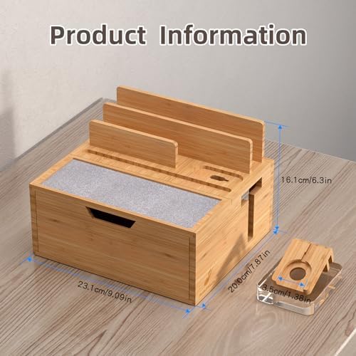 Bamboo Multi-Device Charging Station with 5-Port USB Hub & Drawer – Fast Charging Dock Organizer for Smartphones & Tablets – Eco-Friendly Power Solution with Enhanced Compatibility & Sleek Aesthetics
