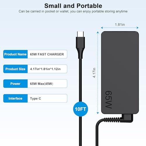 Power Up Your Lenovo: 65 W USB-C Fast Charger for Think Pad, Yoga & Chromebook – Universal Compatibility with PD 3.0 Technology for Optimal Performance and Quick Charging – Includes 10 ft Cable and Top-Notch Customer Support
