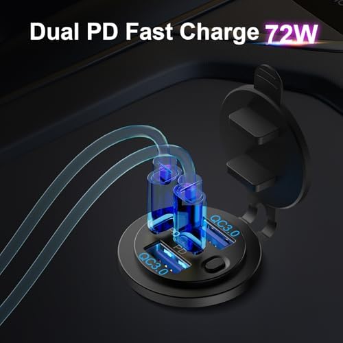 High-Speed 2 Pack Dual PD 30 W USB-C & Quick Charge 3.0 12 V Waterproof Car Charger Socket – Multiport Power Solution for Cars, Boats, RVs & ATVs with Built-in Power Switch for Enhanced Energy Efficiency