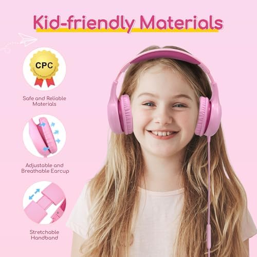 Kid-Friendly Foldable Wired Headphones with Microphone – Volume Limiting Safety (85/94 d B) for Hearing Protection, Share Port for Collaborative Audio, Ideal for Tablets, PCs, and School Use – Enhanced Type C Compatibility for Optimal Sound Quality and Comfort