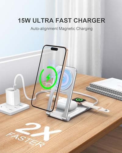 Ultimate 3-in-1 Magnetic Wireless Charging Station with Retractable Cable – Fast 15 W Charger for i Phone 16, 15, 14, 13, 12, Apple Watch & Air Pods – Portable Foldable Design with 20 W Adapter for Home, Office & Travel – Enhanced Safety Features & Cable Management Solutions
