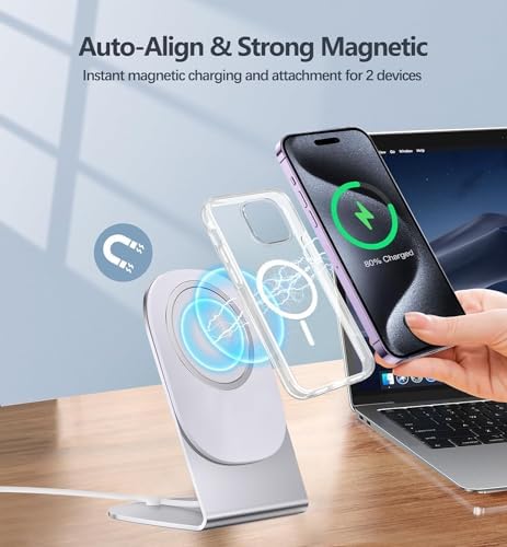 Magnetic Wireless Charger for i Phone 15/14/13/12 Series – Versatile Mag Safe Charging Stand with Dual Ports & 5 ft Cable for i Phone and Air Pods 2/3/Pro (Adapter Not Included) – Enhanced Speed & Seamless Compatibility for Effortless Power Solutions