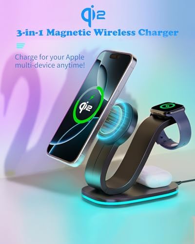 Ultimate 3-in-1 Qi2 Wireless Charging Station with 30 W USB-C Fast Adapter – Sleek Mag-Safe Charger Stand for i Phone 16, 15, 14 Pro Max, Apple Watch Series 10, 9 & Air Pods 4, 3 Pro – Enhanced Efficiency & Safety Features for Multi-Device Charging Convenience Experience unparalleled charging efficiency with our state-of-the-art 3-in-1 Wireless Charging Station, specifically crafted for Qi2-compatible devices. This advanced Mag-Safe charger stand delivers an impressive 15 W fast charge for your i Phone, 2.5 W for your Apple Watch, and 3 W for your Air Pods, ensuring a swift power-up for all your essentials. Engineered with a 30 W USB-C adapter, our charging station guarantees safety and stability, featuring intelligent current balancing and multi-level protection mechanisms against overheating and overcharging. The sleek design includes an adjustable LED nightlight, providing a soothing ambiance while conserving space on your nightstand or desk. With precise magnetic alignment for effortless device placement, enjoy a hassle-free charging experience while keeping your devices secure. Perfect for modern lifestyles, this charging solution combines functionality and aesthetics seamlessly. Elevate your charging routine with this indispensable accessory!