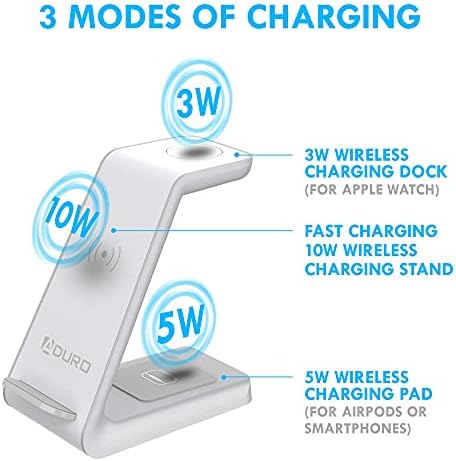Aduro Power Up Trinity Pro 3-in-1 Wireless Charging Station for Apple Devices – Ultimate Fast Qi Charging Dock for i Phone 12/11/SE, Apple Watch & Air Pods – Sleek Design with Enhanced Safety Features for Efficient Power Management and Organized Device Storage
