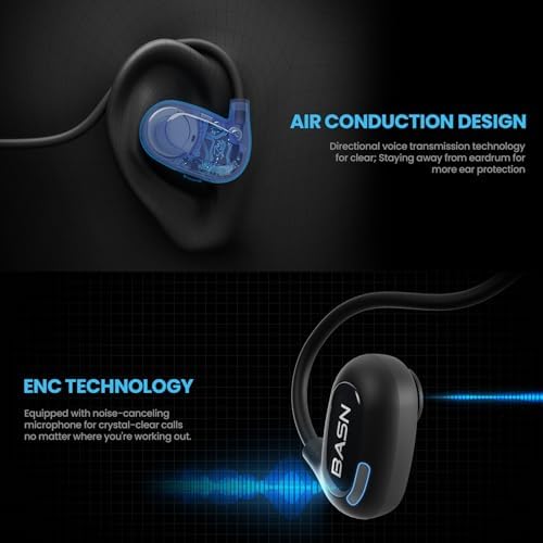 BASN Air S1 Wireless Open Ear Headphones – Advanced Bluetooth 5.3 Technology for Seamless Audio Connectivity – Dynamic 16.2 mm Speakers Delivering Premium Sound Quality – IPX5 Sweat and Water Resistant for Ultimate Durability – Lightweight Ergonomic Design with Enhanced ENC Technology for Crystal Clear Communication – Ideal for Fitness, Running, Cycling, and Outdoor Activities