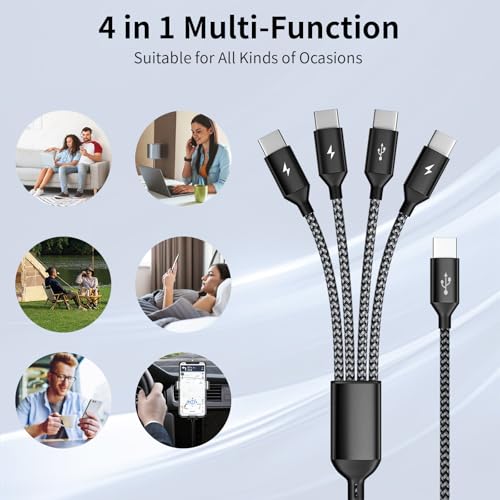 Ultra-Fast 240 W 4-in-1 USB C Charging Cable with Breathing Light Indicator – Multi-Device Compatibility for i Phone, i Pad, Samsung Galaxy, and Mac Book – 5 Ft Durable Cord in Stylish Purple for Efficient Data Sync and Enhanced Charging Performance