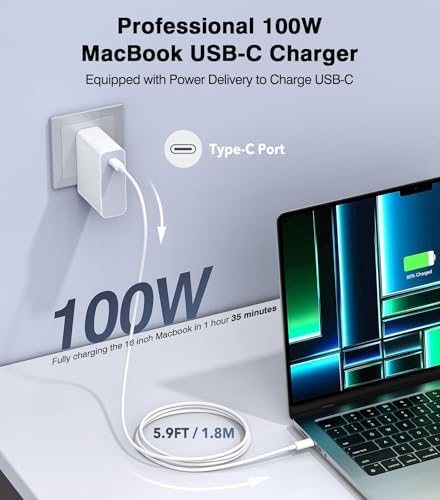 Power Up Efficiently: 100 W USB-C Fast Charger for Mac Book Pro & Air – 5.9 ft Cable for Rapid Charging of All USB-C Devices – Enhanced Safety Features, Optimal Compatibility for 2024-2016 Models Including i Pad Pro, Samsung Laptops, and More