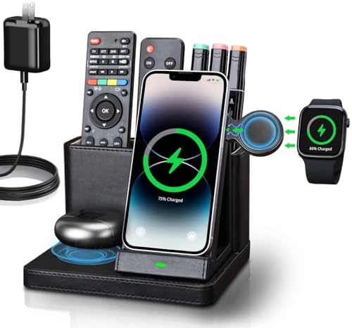 Premium 4-in-1 Leather Wireless Charging Station & Desk Organizer – Fast Multi-Device Charger for i Phone 15/14/13/12/11 Pro Max, Samsung, Air Pods & Apple Watch – Elegant Design for Home & Office Efficiency