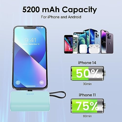 Dual Pack Mini Power Bank with Built-in USB C Cable – 5200 m Ah Fast Charging Battery for i Phone 15/14/13/12/11/XR/8/7/6 & Android Devices – Ultra-Portable Travel Charger for On-the-Go Power Needs