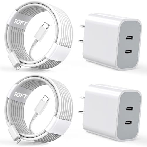 20 W Dual-Port Fast Charger for i Phone 15/16 Pro Max – 2-Pack with 10 FT USB-C Cables | High-Efficiency Charging Adapter for i Pad Pro/Air | Compact & Lightweight Design for Ultimate Portability and Performance