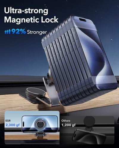ESR Magnetic Dashboard Phone Holder for Car – Ultimate Mag Safe Mount for i Phone 12-16 & Samsung Devices – Secure Windshield Vacuum Grip with 2 Metal Rings – Sleek, Hands-Free Access for GPS & Calls – Essential Car Accessory for Safe Driving