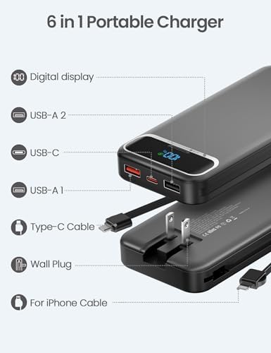 12000 m Ah Ultra-Light Portable Power Bank with Built-In Cables & AC Wall Plug – PD20 W USB-C Fast Charging for i Phone, Samsung & Android – LED Display for Battery Monitoring – Ultimate Travel Companion for Quick Device Recharging
