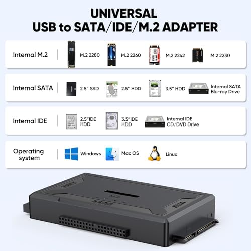 4-in-1 Hard Drive Reader Docking Station: Ultra-Fast 10 Gbps USB 3.2 M.2 SATA IDE Adapter, Effortless Data Retrieval for HDD/SSD & Blu-ray Drives – Compact, Plug-and-Play Design with 12 V Power Supply for Enhanced Compatibility and Performance
