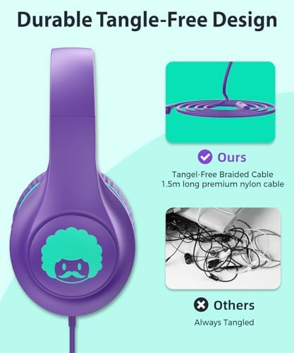Rockpapa C24 Foldable Kids Headphones with Microphone – Lightweight Wired Audio Solution in Eye-Catching Purple & Green for School, Travel, and Play – Ideal for Young Listeners with Enhanced Compatibility and Superior Portability
