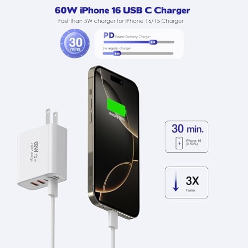 Power Up Your Devices with the i Phone 16 Fast Charger Block: 2-Pack 60 W USB Charging Adapter with 5 Ports and 6 FT Woven Cable for Rapid Charging of i Phone 16, i Pad Pro/Air/Mini – Enhanced Efficiency and Universal Compatibility for Multi-Device Charging