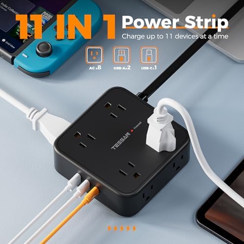 TESSAN Power Strip Tower Surge Protector: 8 AC Outlets & 3 USB Ports (1 USB-C) with 900 Joules Protection, 5 FT Flat Plug Extension Cord – Ultimate Desk Charging Station for Home Office and Dorm Room Efficiency