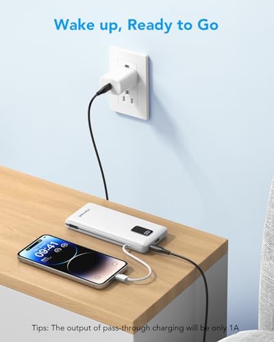 Charmast 10,000 m Ah Slim Power Bank with Integrated Cables & Fast Charging for i Phone and Samsung – Ultimate Travel Companion for On-the-Go Charging Needs with Built-in Convenience and Enhanced Device Compatibility