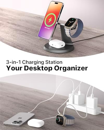 Revolutionize Your Charging Routine with Our 3-in-1 Wireless Charging Station for Apple Devices – Fast Mag Safe Charger for i Phone Models 12-16, Apple Watch, and Air Pods – Compact Design with Enhanced Stability, Overcharge Protection, and Effortless Organization