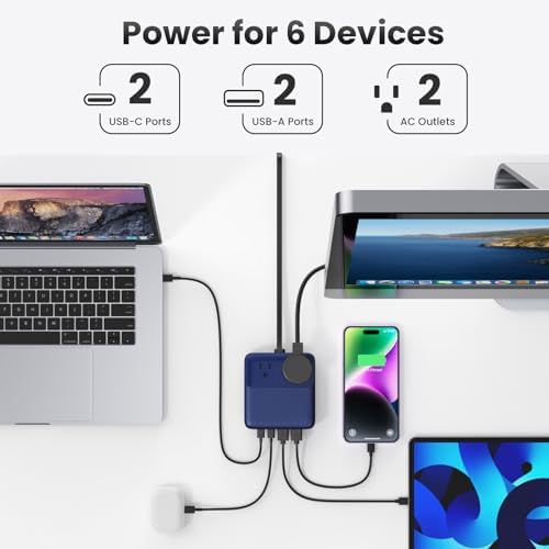 High-Power 135 W Ga N USB C Charging Hub – 6-in-1 Power Station with 2 AC Outlets, 2 USB-A & 2 USB-C Ports, 5 ft Cord, Ideal for PD 65 W Laptop Charging (Mac Book Air/Pro, i Phone 16/15, Galaxy S24) – Fast, Efficient, Universal Device Charger for Home and Travel
