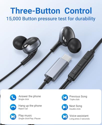 Advanced USB C In-Ear Headphones with Mic & Volume Control – Dual-Pack for Samsung Galaxy S24, i Phone 16, Google Pixel 8 – Superior Audio Clarity with Deep Bass & Clear Call Quality – Ergonomically Crafted for All-Day Comfort & Effortless Connectivity – Lightweight & Durable Earbuds for Music Lovers & Professionals – Transform Your Listening Experience Instantly!