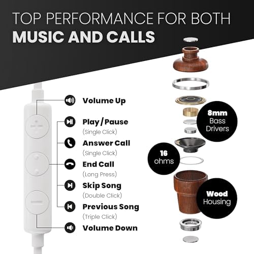 Experience Exceptional Sound: Symphonized Bubinga Wood i Phone Earbuds with Deep Bass and 90% Noise Cancellation, 3 D Audio Technology, Lightning Connector, and Built-in Microphone for Effortless Control – Perfect Compatibility from i Phone SE to 14