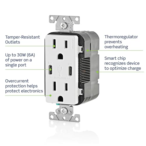 Leviton 60 W Dual USB Type A/Type-C In-Wall Charger – Fast, Efficient Power Delivery Solution for Smartphones, Tablets & Laptops – Tamper-Resistant Outlet in Light Almond for Safe, Clutter-Free Charging Experience – Perfect for Home and Office Use