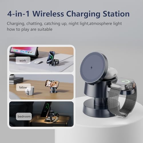 Ultimate 4-in-1 Wireless Charging Station with Night Lamp – Fast Mag Safe Charger for i Phone 16, 15 Pro Max, Air Pods & Apple Watch Ultra – Multi-Device Charging Dock with Adjustable Brightness for Home & Travel – Efficient, Safe, and Stylish Power Solution