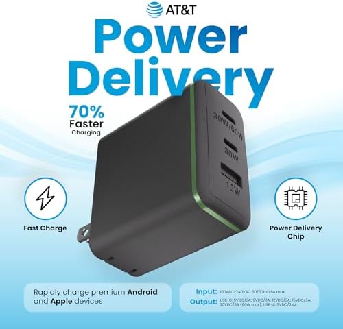 AT&T 40 W USB-C Fast Charging Wall Adapter – Ultimate Travel Companion with Foldable Prongs for i Phone, i Pad, Samsung Galaxy, Google Pixel & More – Universal Compatibility for Rapid Power Delivery Anytime, Anywhere