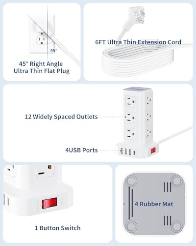 Revolutionize Your Workspace with the Ultra-Thin Surge Protector Power Strip Tower – 10 FT Flat Plug Extension Cord and 1 USB-C Port for Fast Charging, 1020 Joules of Device Protection, Perfect Desk Charging Station for Office and Dorm Room Essentials