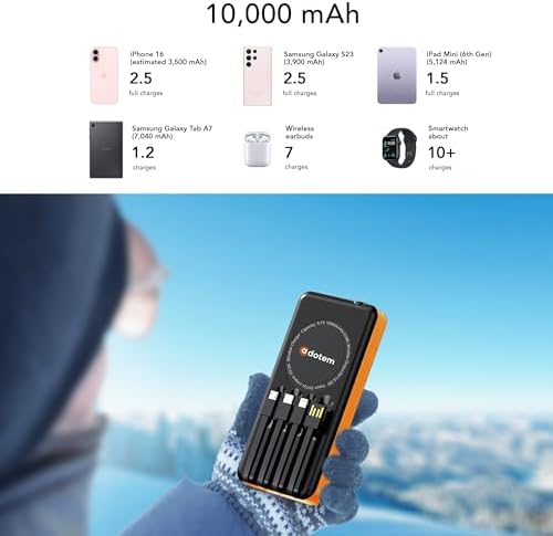 Ultimate Portable Solar Power Bank with Integrated Charging Cables – 10,000 m Ah Waterproof Battery Pack for Phones Featuring USB, Micro USB, Lightning, Type-C, and Wireless Charging – Perfect for Outdoor Adventures and Daily Use (Black Blue)