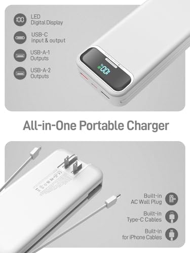 Ultimate 20,000 m Ah Portable Charger with Built-in Cables & AC Plug – Super Fast PD20 W & SCP22.5 W USB-C Power Bank for Quick Device Charging – LED Display & Universal Compatibility for i Phone, Samsung & More – Essential Travel Accessory for On-the-Go Power Solutions