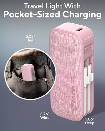 Compact Pink my Charge Power Hub Mini Portable Charger – 3000 m Ah Fast Charging Power Bank with Built-in Lightning & Type C Cables for On-the-Go Charging – Turbo USB C Technology for Enhanced Compatibility and Efficiency