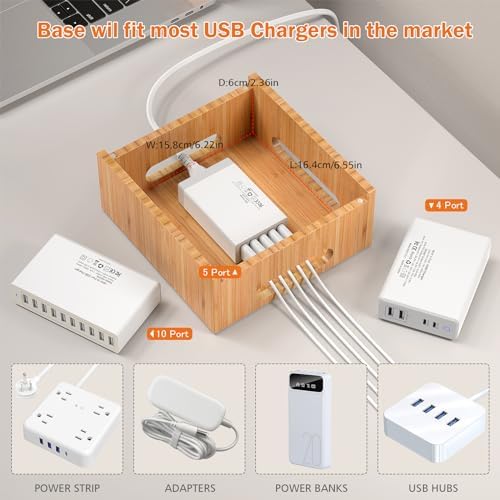 Eco-Friendly Bamboo Multi-Device Charging Hub: Efficient Organizer with Rapid Charge Technology and 5 Premium Cables for Phones, Tablets, Earbuds & Smartwatches – Elegant Power Station for Home & Office Efficiency