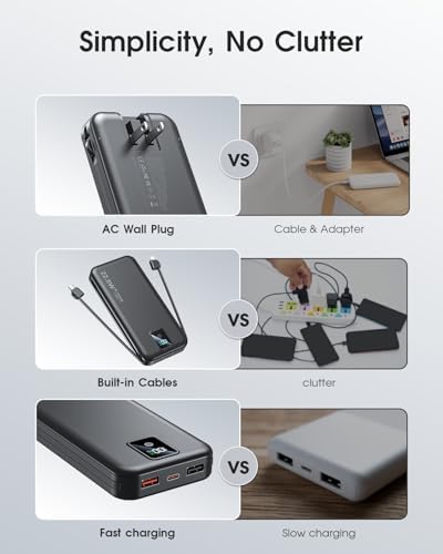 High-Efficiency 12000 m Ah Portable Power Bank with Built-In Cables and AC Plug – USB-C 22.5 W Fast Charger for i Phones, i Pads, Samsung Devices – Lightweight, Compact External Battery for Ultimate Mobility and Enhanced Device Compatibility