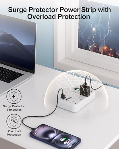 International Travel Power Adapter with 6 USB Ports and 4 AC Outlets – Versatile Plug Converter for European Destinations Including UK, France, Italy, and Germany – Compact 3 ft Extension Cord with Surge Protection for Enhanced Device Safety and Charging Efficiency