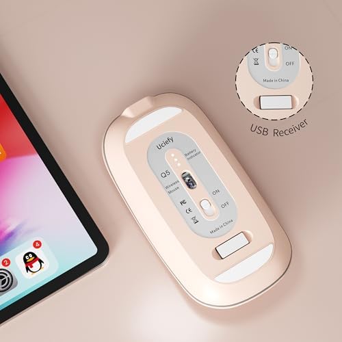 Uciefy Q5 Slim Rose Gold Wireless Mouse – Portable Optical Rechargeable Design with Silent Click, USB Receiver & Type C Adapter for Effortless PC, Laptop & Desktop Compatibility – Elevate Your Workspace with Style & Precision