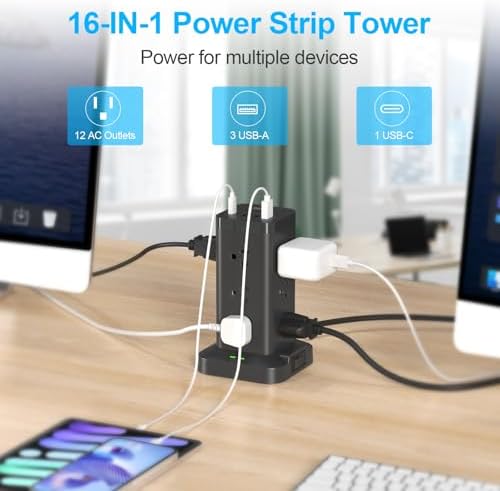 Maximize Workspace Efficiency with the BEVA Surge Protector Power Strip Tower – 12 AC Outlets & 4 Fast-Charging USB Ports, 6.5 FT Extension Cord for Optimal Device Organization and Safety in Office and Home Settings