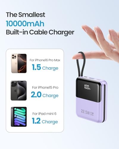 Compact 10,000 m Ah Portable Charger with Built-In Cable – Fast Charging Mini Power Bank for i Phone, Samsung, and Android Devices – Smart LED Display for Battery Monitoring – Ultimate Travel Companion for On-the-Go Power Solutions