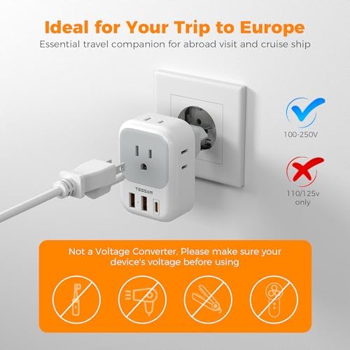 Ultimate European Travel Power Adapter: 4 AC Outlets & 3 Fast Charge USB Ports (1 USB-C PD 20 W) – Compact, Foldable Design for Effortless Connectivity in Spain, France, Germany, Italy, Portugal & Iceland – Versatile Compatibility for All Your Devices