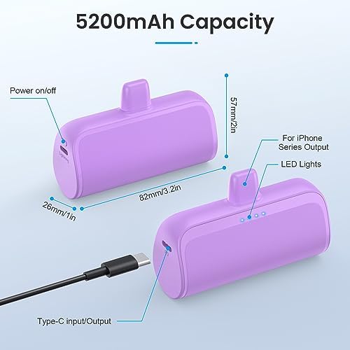 Dual Pack Mini Portable i Phone Charger 5200 m Ah – Ultra-Compact 20 W PD Fast Charging Power Bank for i Phone 14, 13, 12, 11, X, 8, 7, 6 Series – Perfect Travel Companion for Quick Device Recharges and Enhanced Compatibility