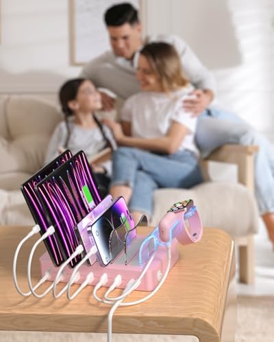 Soo Pii Elegant Pink 6-Port USB Charging Station Organizer – Fast Multi-Device Charging Hub with 6 High-Speed Cables and i-Watch Holder – Ultimate Solution for Neat Workspaces and Efficient Device Management